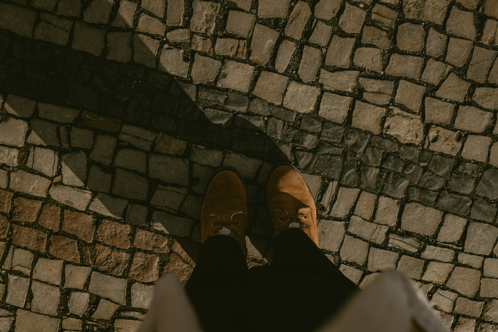 Feet standing on a cobblestone path with shadow.